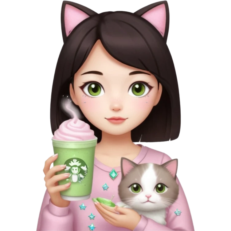 asian girl with short dark brown hair with a soft girl pink glowup aesthetic. matcha latte sparkles girly things, 2 ragdoll cats, skincare, makeup, money, luxury emoji