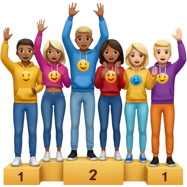 multi-racial men and women standing on a winners’ podium with the middle podium position elevated, no numbers on the podium, each person casually dressed in fun colorful jeans t-shirts and hoodies, excited fun expressive emoji style emoji