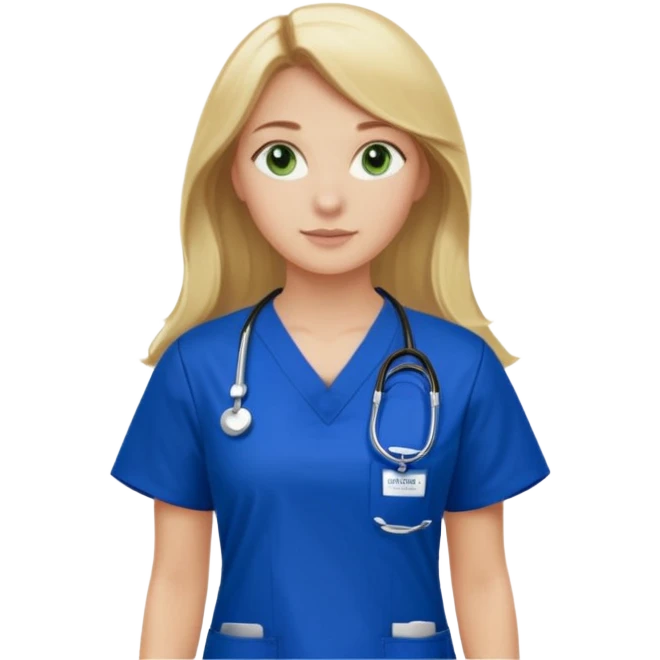 Long blonde haired girl with green eyes wearing royal blue scrubs with Denver Health written on scrub top emoji