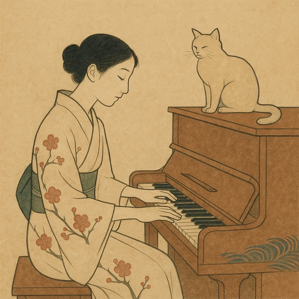 woman playing piano while her cat sits on top of the piano emoji