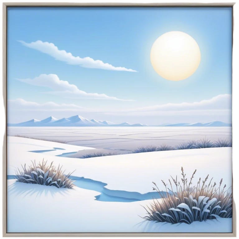 Cinematic Realistic Tundra Emoji in a wooden frame, Vast and cold, with wide expanses of snow-covered ground, sparse grasses poking through, and the occasional hardy shrub breaking up the pale white landscape. The sky above is a pale, frosty blue, and the light reflects off the snow, creating a serene yet starkly beautiful environment. Soft glowing outline, capturing the essence of a quiet, still, frozen wilderness where life endures despite the harsh conditions. emoji