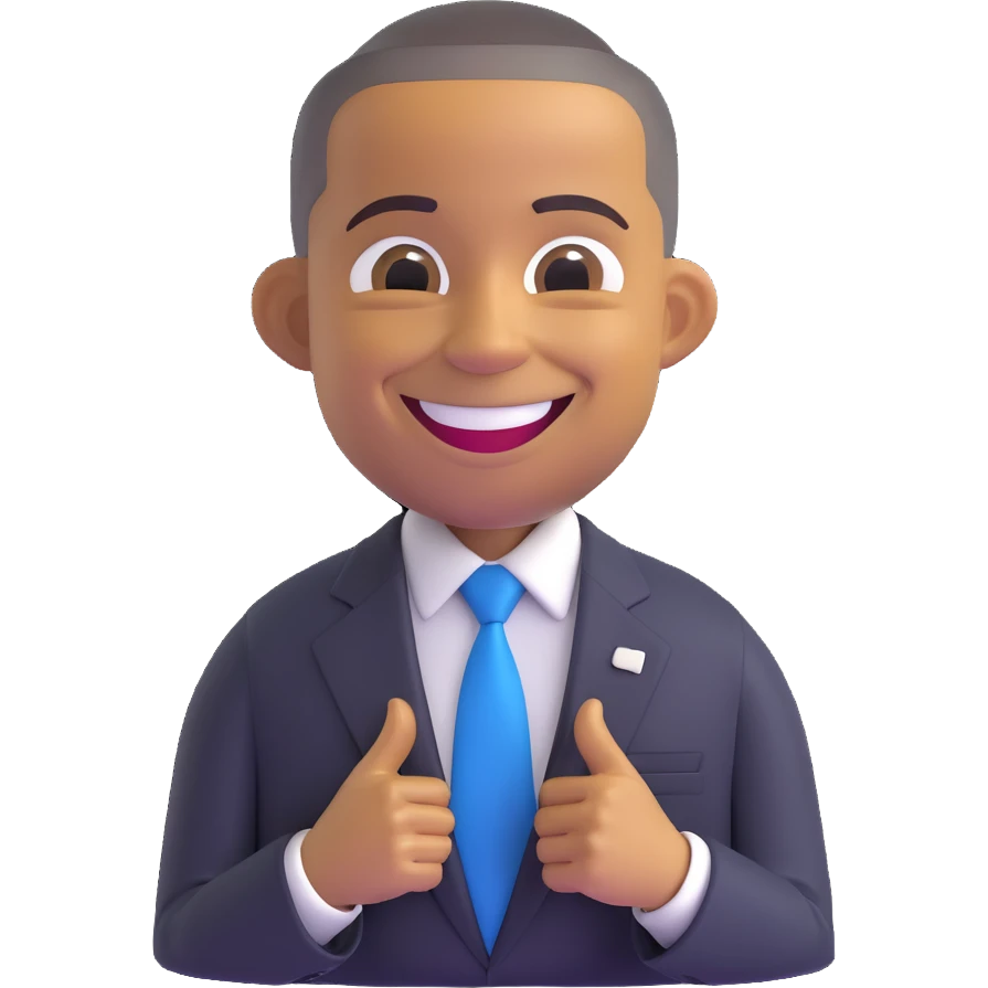Barack Obama as a friendly emoji character, smiling, wearing a suit and tie, in a cheerful pose emoji