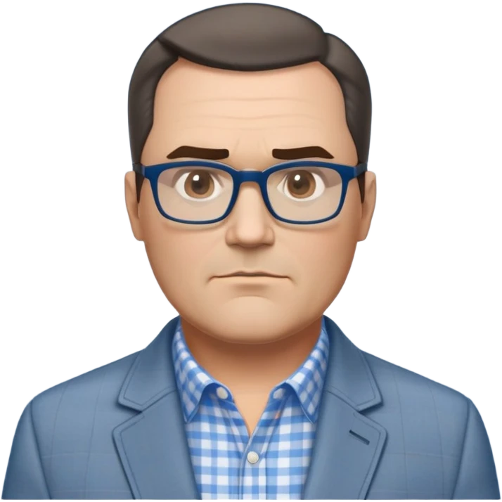 50-year-old heavyset man with very wide face and prominent square jawline. Short straight hair combed to the side, not balding. Large dark square glasses. Serious-relaxed expression. Light gray jacket that fits his larger frame, white shirt with blue checkered pattern. emoji