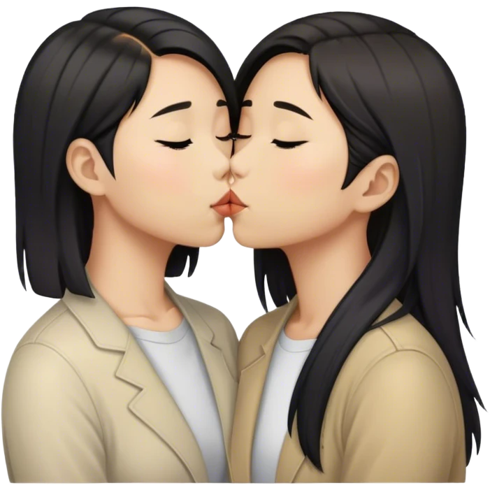 Asian lesbian couple kissing. One of them has long hair and the other has short hair. emoji
