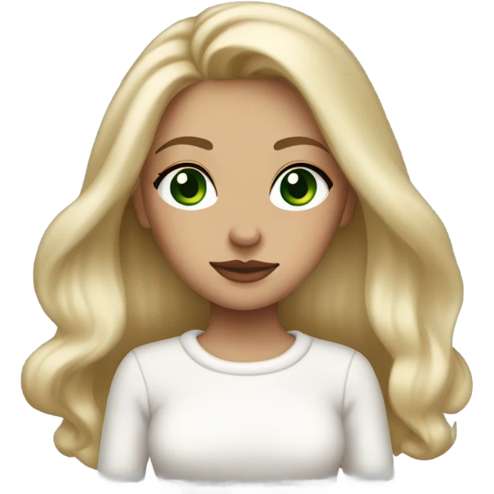 solo blonde girl with green eyes, smooth skin, white sweater, long blow out hair, baddie, middle part emoji
