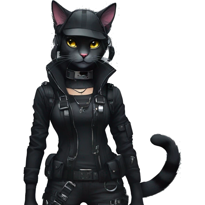 Gorgeous dark techwear cyberpunk style sona anthro cat, aesthetic, and pretty edgy black with collar and harness, trending style emoji