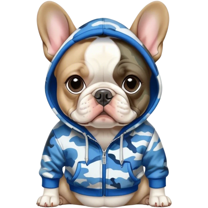 Blue and white French bulldog with camo hoodie on emoji