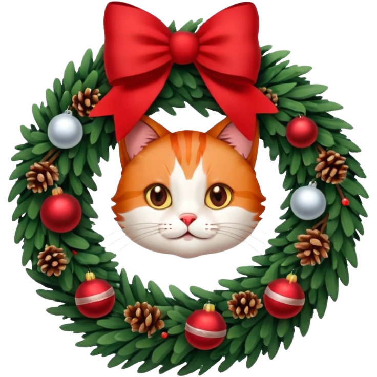 A Christmas wreath made entirely of fir trees, decorated with a red bow at the bottom, pine cones and Christmas tree balls, and a cat poking its face through the hole in the center. emoji