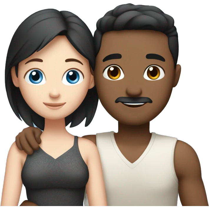 Friends hugging each other. Indian man, short black hair. White woman, blue eyes and brown hair emoji