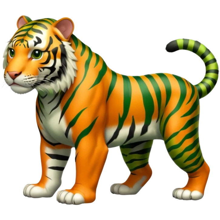 full body green tiger with black stripes, all fur green, muscular, on all fours, no orange emoji