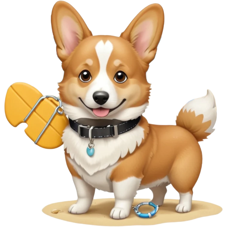 Male Tan and white Corgi on a beach with. Collar That Say Bubba emoji
