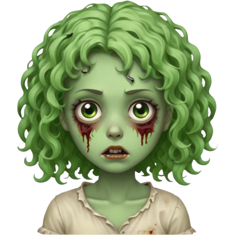Uma garota zumbi com o cabelo cacheado baixo e mecha descolorida,olho meio grande e bonitos e rosto redondo bem fofinha e linda e com aparência de zumbi verde e meio assustadora com o semblante de cansada emoji