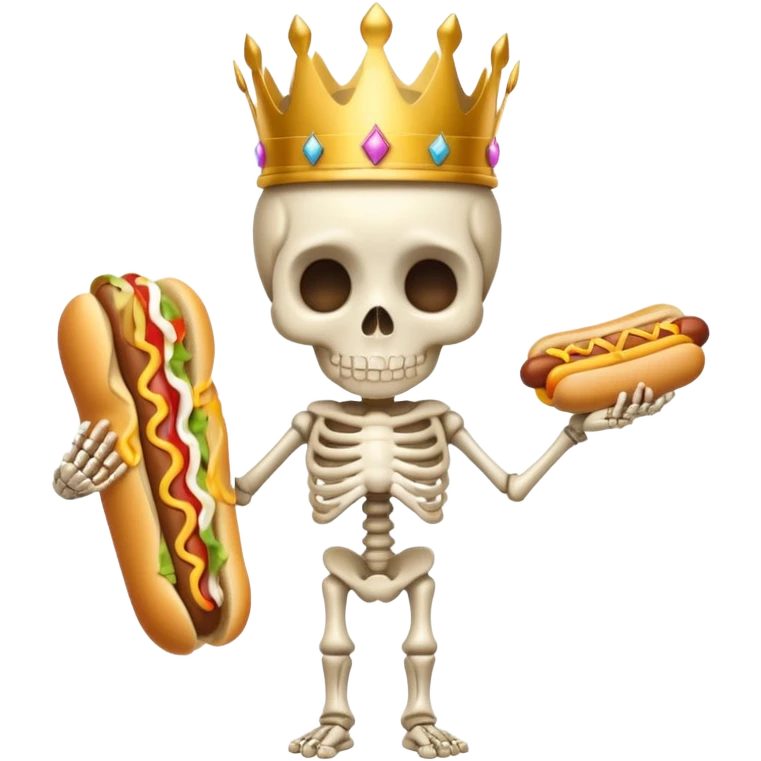 A cute skeleton wearing crown and holding hot dog full body emoji