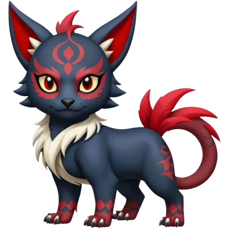 Asian-painted tattooed oriental gothic edgy emo cool and ruby-jewelry-adorned Absol-Litten-Amaura-fusion-Fakemon-animal-creature  emoji