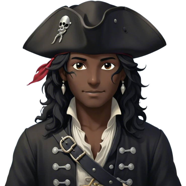 A charismatic pirate with wavy black hair that falls just past his shoulders, tousled slightly by the sea breeze. He wears a black tricorn hat with subtle silver embroidery along the edges, casting a shadow over his sharp, confident features. His piercing dark eyes glint with mischief as he gazes to the side, a knowing smile playing at his lips. His well-fitted black coat, adorned with polished silver buttons and intricate stitching, moves slightly with the wind, revealing glimpses of a deep-crimson waistcoat underneath. A silver chain dangles from his belt, catching the dim golden light of the setting sun. His posture is relaxed yet assured, exuding effortless charm as if he owns the sea itself. emoji