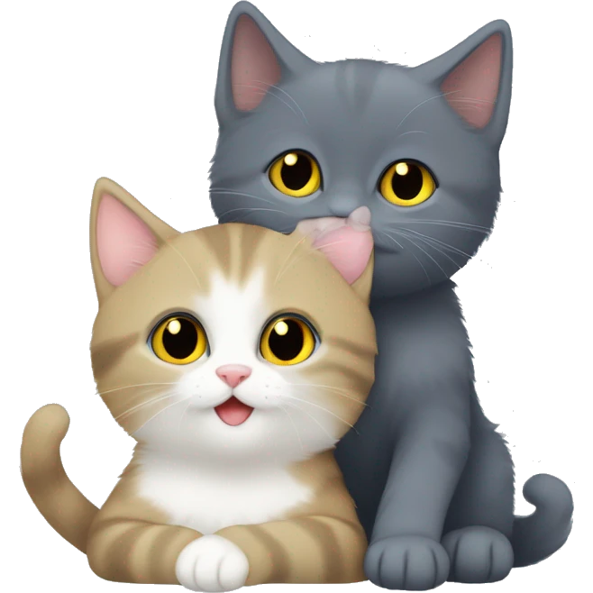 two russian blue kittens: one has white paws like boots almost and the other is fully grey: cuddling with a black fluffy cat with yellow eyes  emoji