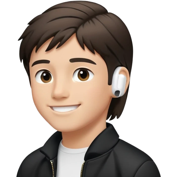 Boy with a mullet haircut (with some hair visible in the back), wearing wireless AirPods, smiling, with slightly tan skin and a black jacket. emoji
