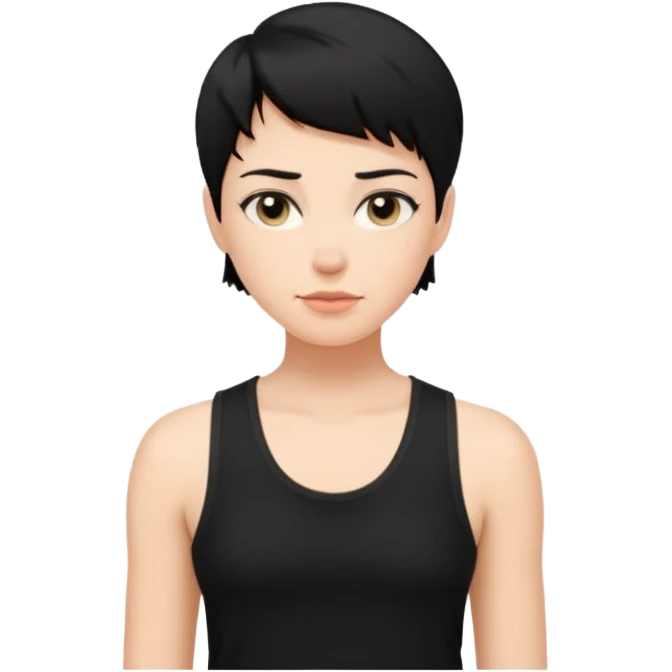 a white woman with short tomboy black hair wearing men's black tank top emoji