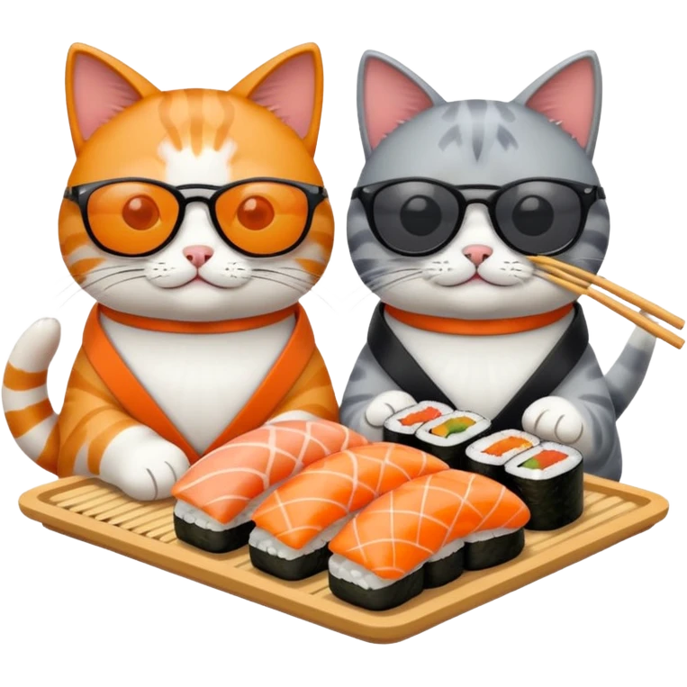 two cats wearing sunglasses eating sushi emoji