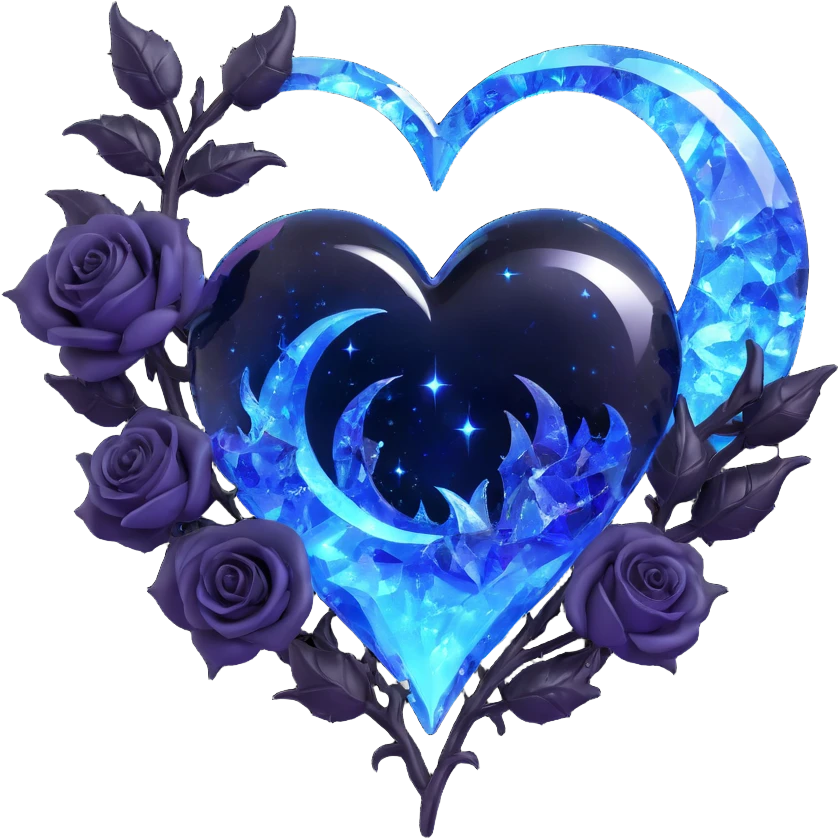 gothic heart made of crystal clear glass, silver crescent moon, glowing black roses, holographic stardust, neon blue lightning, drenched and splintered glass emoji