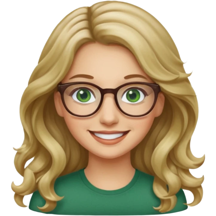 long wavy dirty blonde hair woman with green eyes and glasses smiling emoji