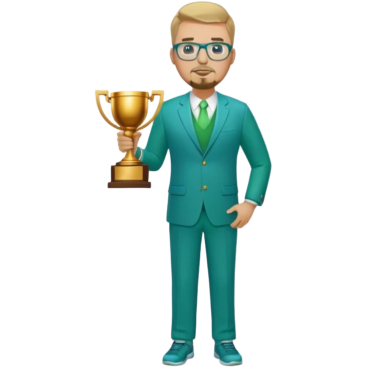 Full Body white plus size man  wearing glasses with a goatee with dirty blond short hair basketball head Coach in blue and green suit holding trophy emoji