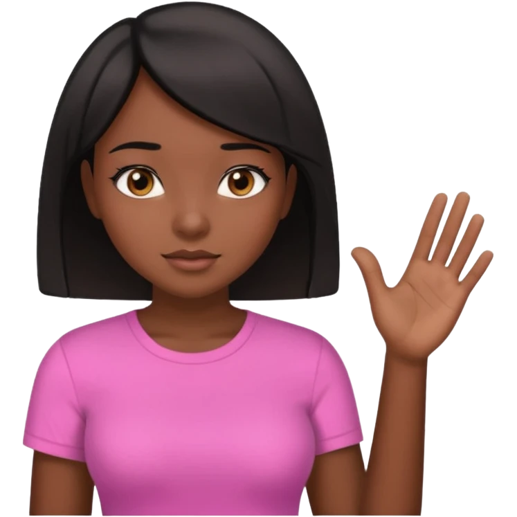 Dark skin girl asking for money with hand out make her more fabulous but still a clean look with a black bob and pink shirt  brown eye  emoji