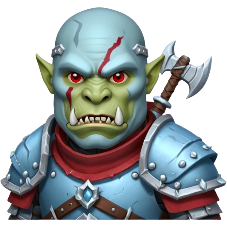 
Fantasy Christmas orc legion soldier icon, iron tundra army theme, heavy winter armor, disciplined brutal look, icy blue steel armor with deep crimson accents, frozen metal texture, cold winter atmosphere, male variant emoji