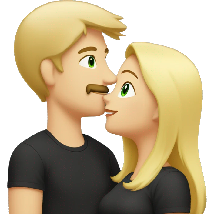woman with green eyes and middle length blond straight hair in black t-shirt kissing a guy who is taller than her. He has blond hair, has a moustache and is wearing a grey t-shirt. emoji
