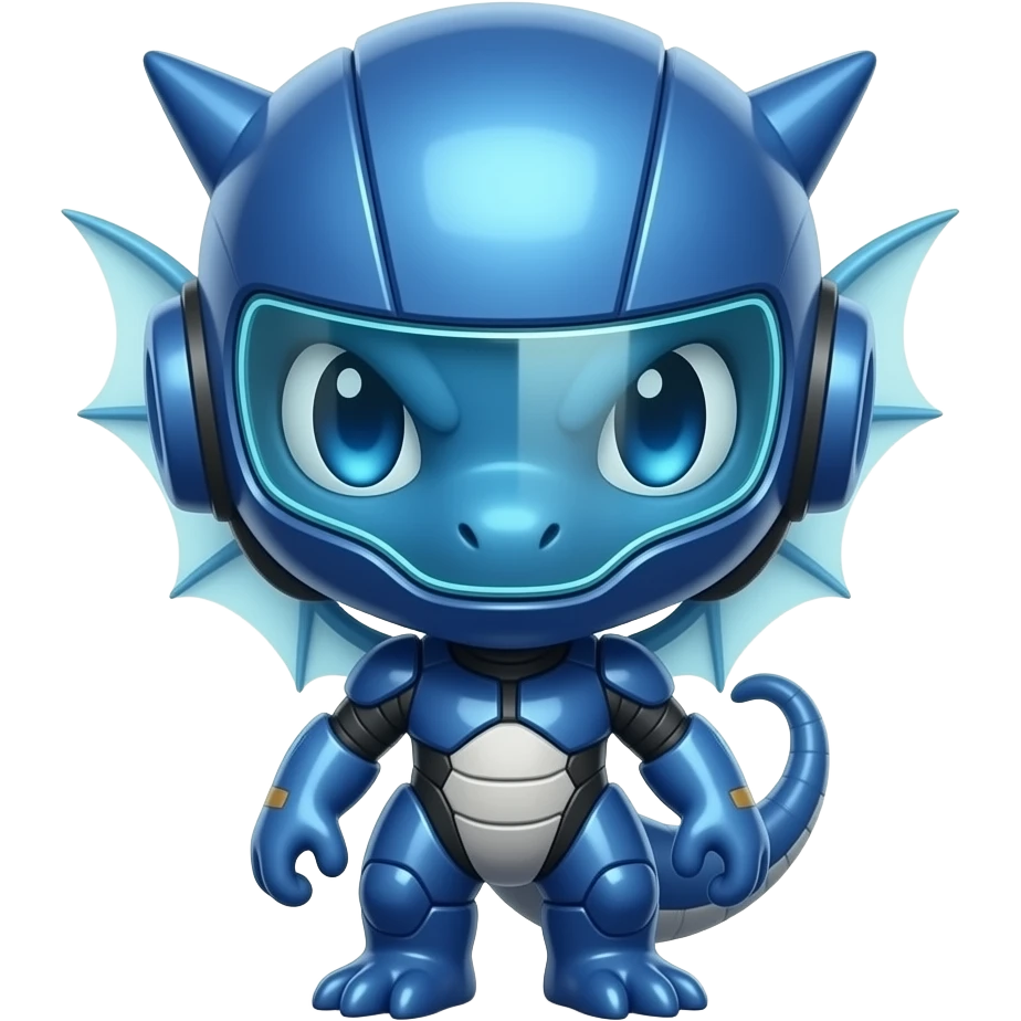 a shiny blue Genesect-Flygon-Raptor-Fakémon—hybrid with a futuristic visor-helmet full body emoji
