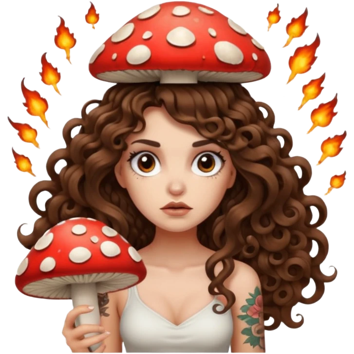 woman with long curly brown hair, brown eyes, white skin, tattoos, unimpressed stare while mushroom explodes behind her emoji
