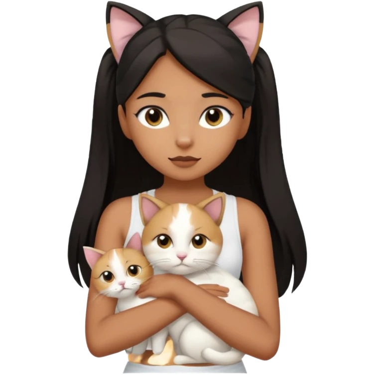 An brown skin Teenager girl with brown eyes, long black hair in a high ponytail, with a white crop top holding her white cat which has folded ears  emoji