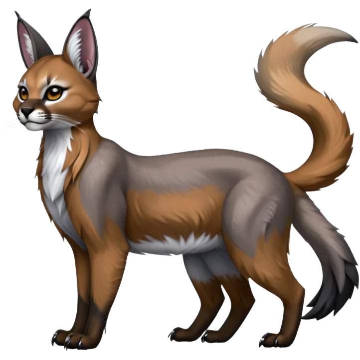 Realistic patterned marked edgy greyish blackish whitish silvery coppery Shiny Colorful Glossy Caracal-Fox-Cabbit-Lion-Bobcat-fusion-animal-hybrid-creature, full body, big-tufted-bat-ears, long-thin-tufted-white-tipped-tail emoji