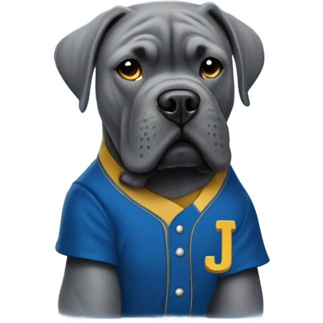 Grey Cane Corso in a blue and gold colored baseball uniform with a monogrammed J. emoji