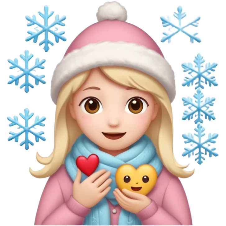 A kawaii Christmas emoji sticker, cozy winter vibes, soft colors, snowflakes, heart symbols, warm smile, cute and gentle style, festive and romantic.
 emoji