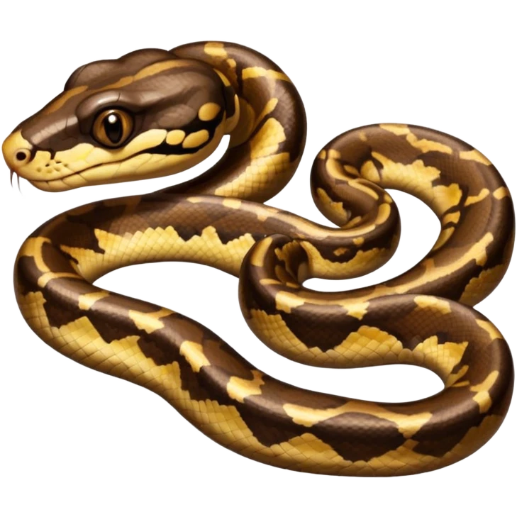 A photo-realistic digital illustration of a Ball Python, large headshot portrait. The snake has a short, rounded snout and smooth, soft contours, with a gentle, inquisitive expression that gives it a slightly playful charm. Its head is warm brown with bold, irregular dark markings. emoji