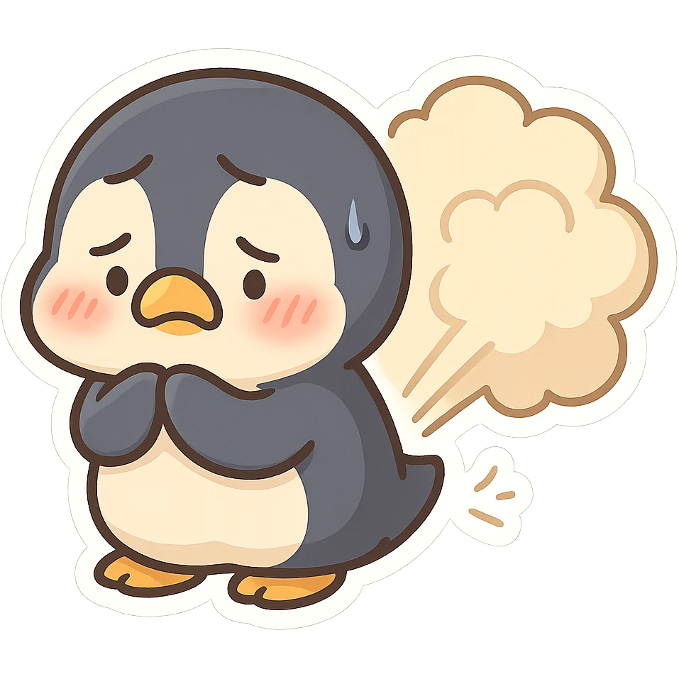 cute penguin with big fart cloud behind it looking embarrassed emoji