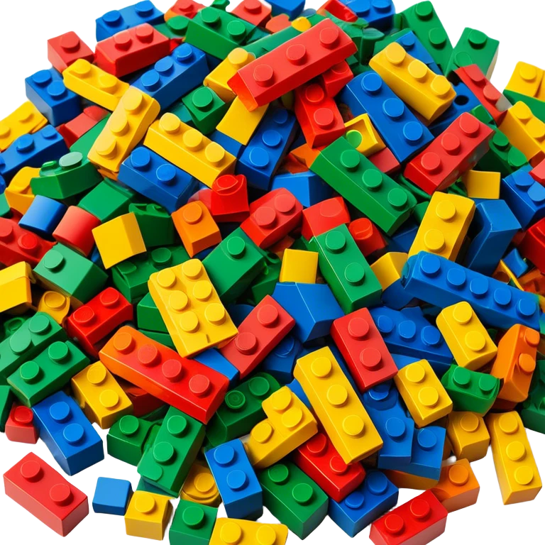 A photorealistic icon featuring a pile of colorful LEGO bricks scattered together in a messy heap. The design includes bright, detailed textures of the individual bricks, capturing the playful and creative essence of LEGO building. Transparent background, symbolizing LEGO construction. emoji