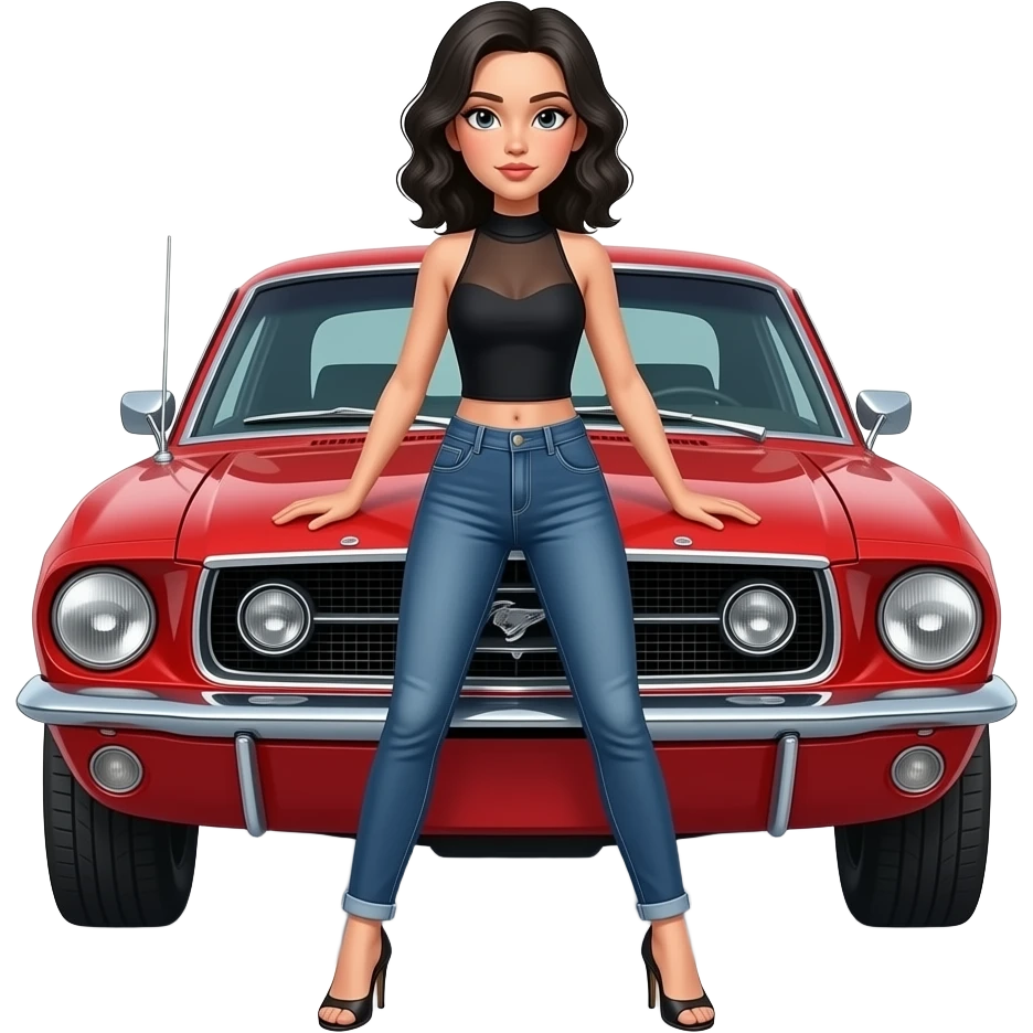 Pale girl with black wavy hair in front of a red ford mustang 1968 coupe. Girl wearing a sheer black medium neckline sleeveless top, jeans and heels with visible toes, legs spread and hands resting on the hood. emoji