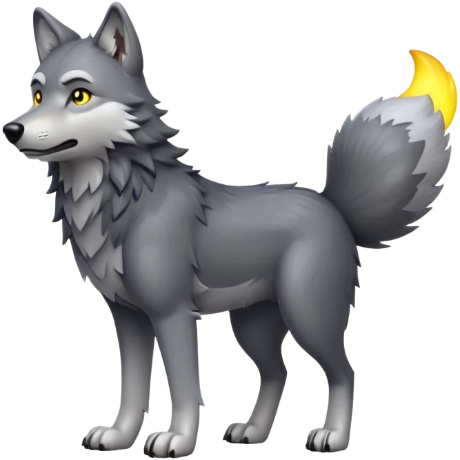 cinematic-[wolf]-realistic-full-body-standing-emoji,-tail-resting-loosely-beside-its-paws,-head-tilted-dramatically, -scruffy-[grey]-fur,-simplified-yet-realistic-focused-features,-highly-detailed,-glowing-with-an-almost-sarcastic-glow emoji