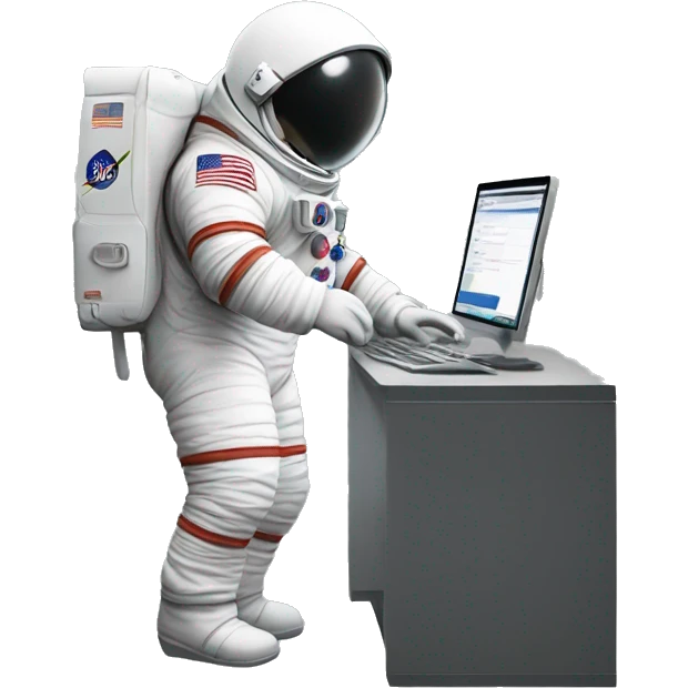 a full-length astronaut reaches for a computer emoji