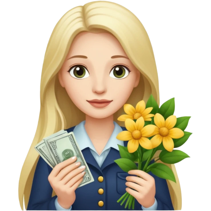 White woman with long hair with money and flowers emoji
