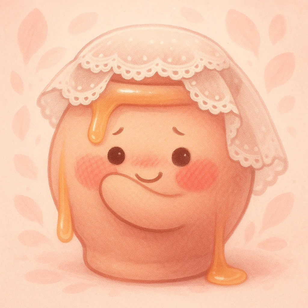 bashful honeypot character, rosy cheeks, lace veil, tiny smile, hiding behind its arm, honey drips softly, blush pink color scheme, petal background emoji