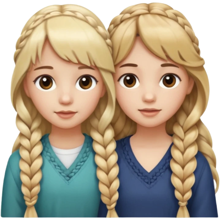 Sister with bangs and long wavy flowing blonde hair and her sister with long brown hair  braided to one side.  Close loving sisters💛 emoji