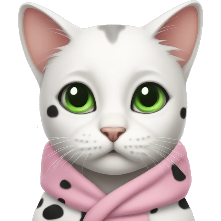 A white cat with big black spots and green eyes in a pink robe emoji