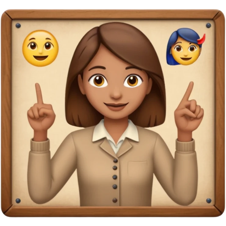 Make an emoji of a Indian origin but fair skinned girl with brown hair who is teaching how to make emojis on a board pointing to the board like a teacher emoji
