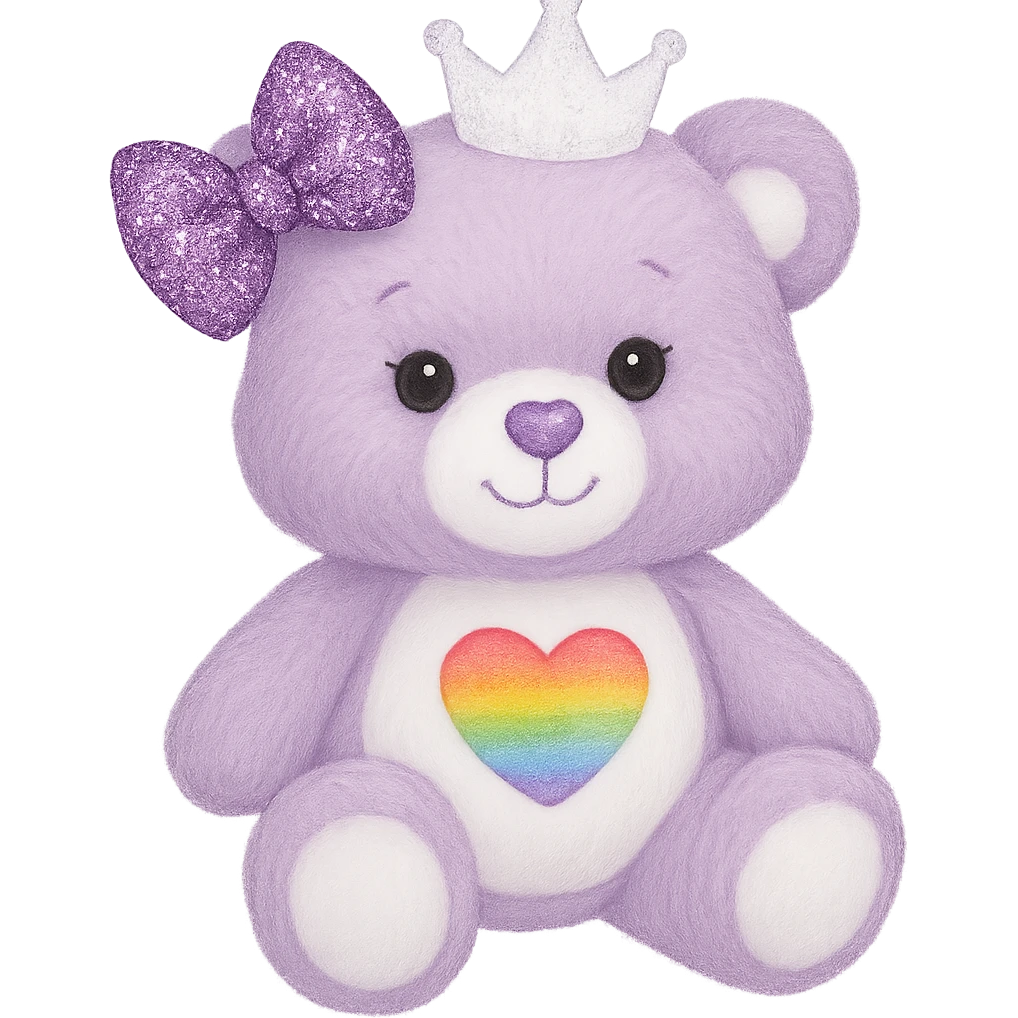 Add a glittery bow that sparkles to the purple and white teddy bear with a heart-shaped rainbow patch and a white crown. Keep the bear soft and plush, with no shadows and flat lighting. Remove the background. emoji