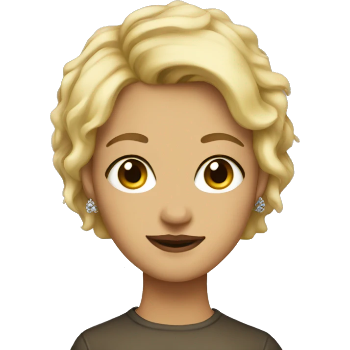 Blonde, short hair, brown eyes, wearing earrings in the form of paint emoji