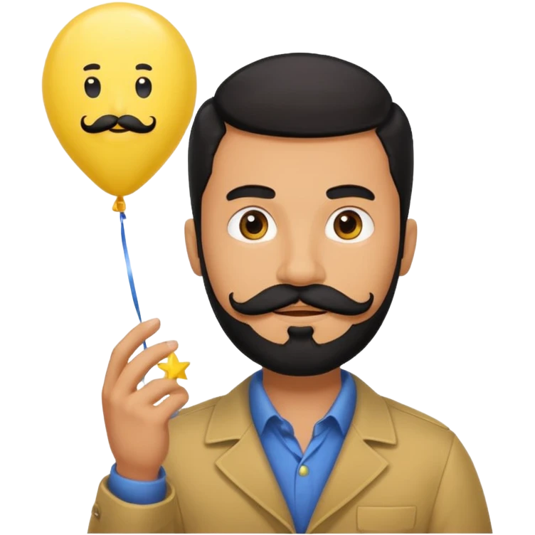 man with black bead and mustache holding star yellow balloon emoji