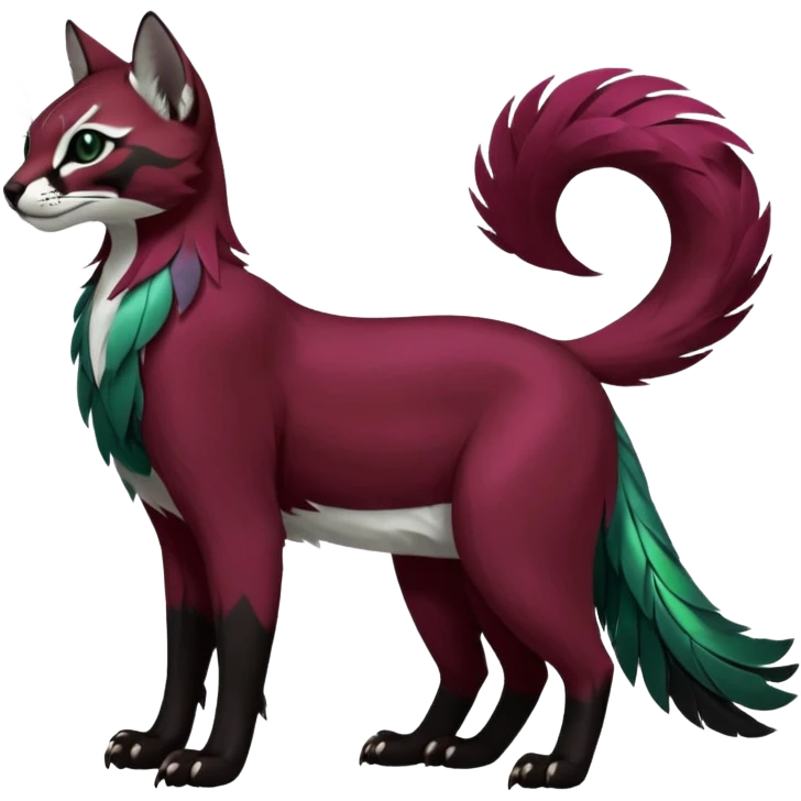 Colorful dark tropical feathery tribal dark burgundy wine-red obsidian-black jade-green white glorious iridescent divine exotic cute cool beautiful beautiful fantasy-caracal-civet-genet-sergal-vernid-Gryphon-Cacomistle-Trico-oncilla-animal-Fakémon-hybrid-fursona (full body) emoji